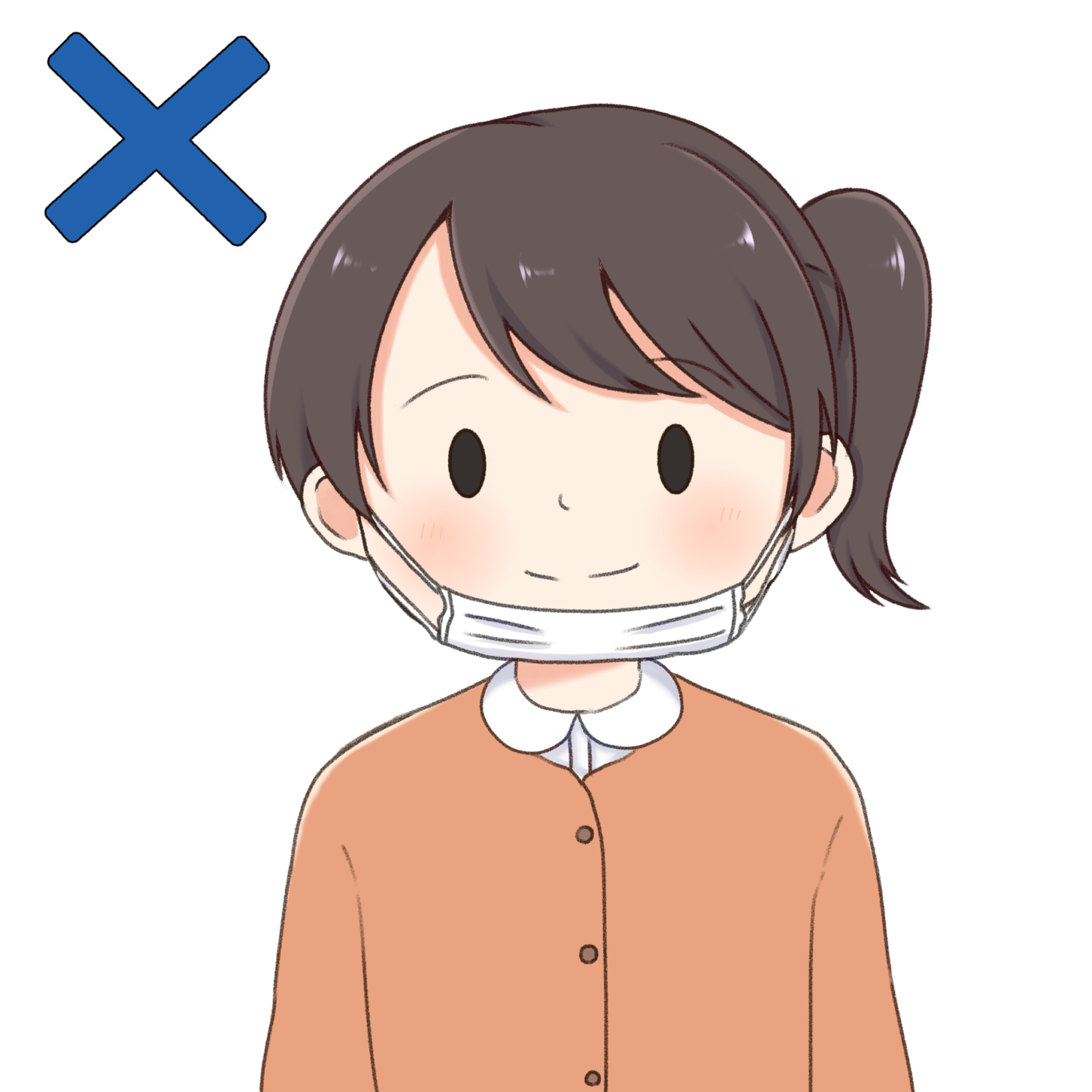 マスクの間違った着け方(あごマスク)のイラスト(×)